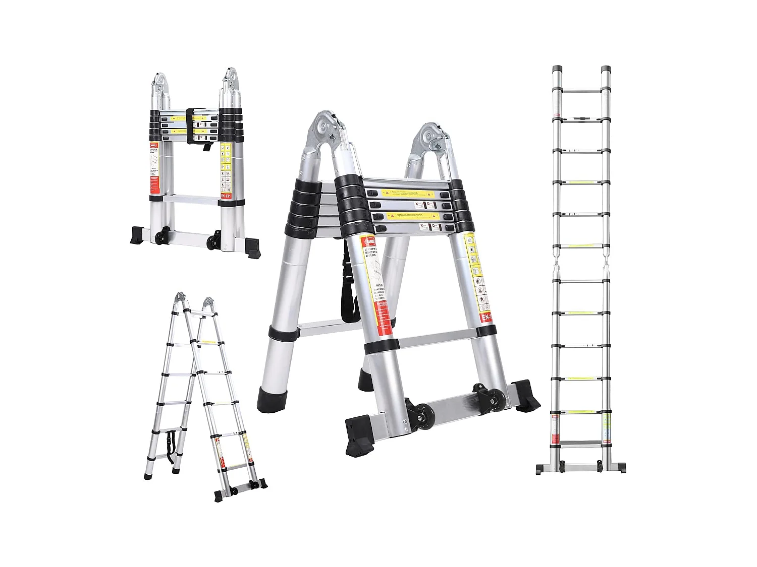Échelle télescopique, Hauteur 0,88m à 3,8 m, échelle pliante extensible en aluminium, avec pieds antidérapants, charge maximale 150kg