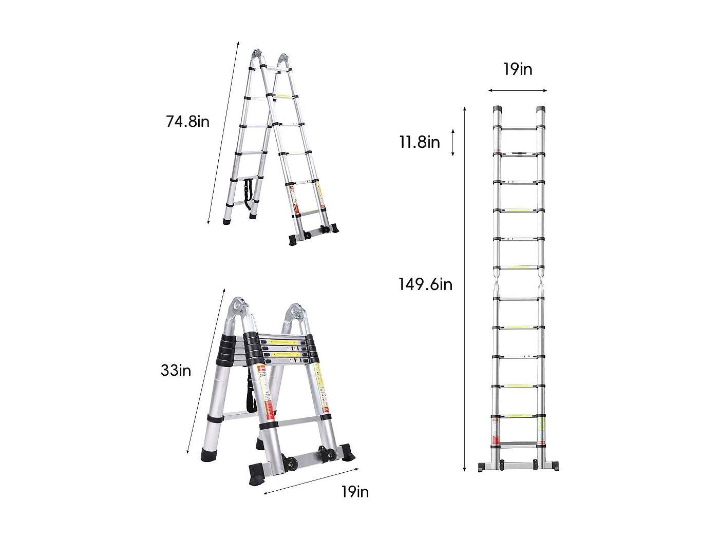 COOCHEER Telescopische ladder, 2-in-1 vouwladder, multifunctionele ladder van aluminium, 150 kg belastbaarheid, 16 sporten, geschikt voor binnen en buiten