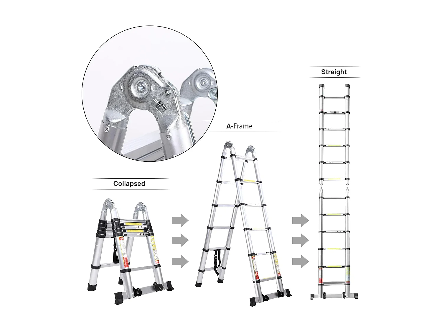 Telescopische ladder, hoogte 0,88 m tot 3,8 m, aluminium uitschuifbare vouwladder, met antislipvoeten, maximale belasting 150 kg