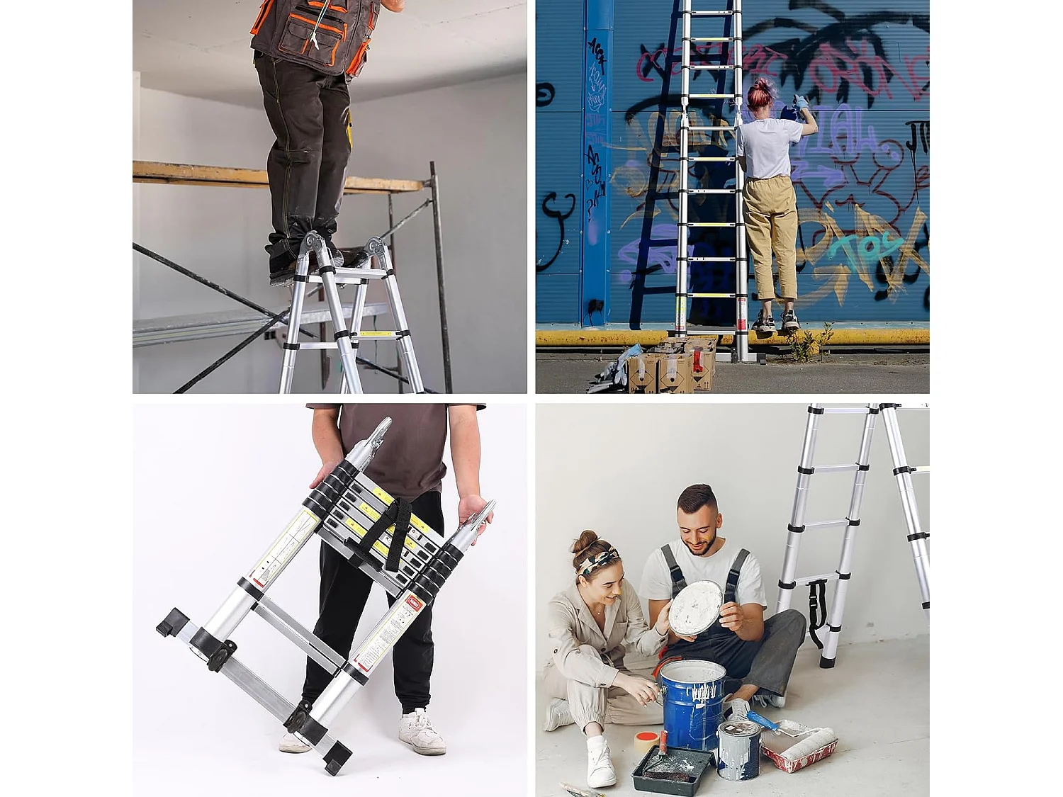 Telescopische ladder, hoogte 0,88 m tot 3,8 m, aluminium uitschuifbare vouwladder, met antislipvoeten, maximale belasting 150 kg