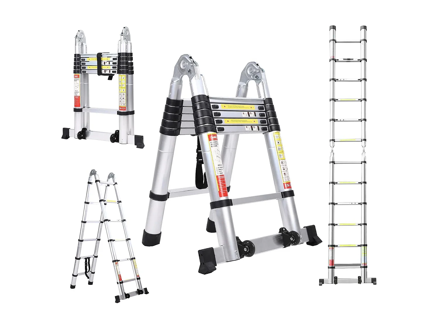 Échelle télescopique, Hauteur 0,88m à 3,8 m, échelle pliante extensible en aluminium, avec pieds antidérapants, charge maximale 150kg
