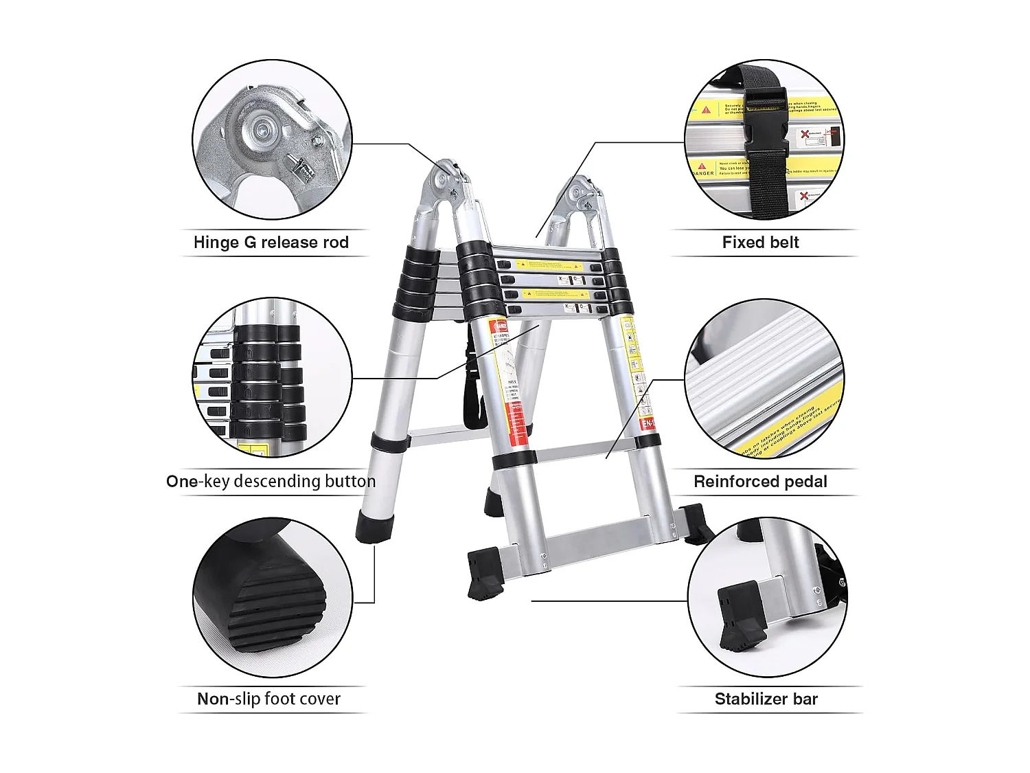 Échelle télescopique, Hauteur 0,88m à 3,8 m, échelle pliante extensible en aluminium, avec pieds antidérapants, charge maximale 150kg