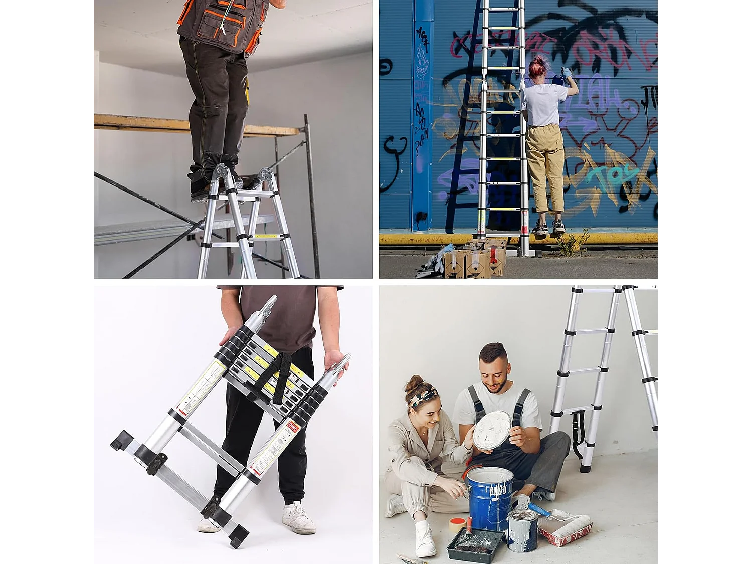 Échelle télescopique, Hauteur 0,88m à 3,8 m, échelle pliante extensible en aluminium, avec pieds antidérapants, charge maximale 150kg