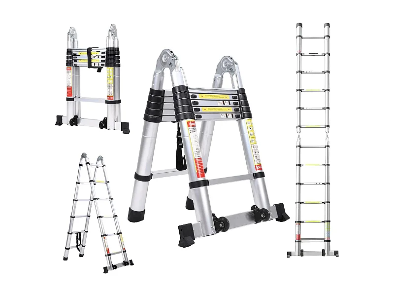 Échelle télescopique, Hauteur 0,88m à 3,8 m, échelle pliante extensible en aluminium, avec pieds antidérapants, charge maximale 150kg