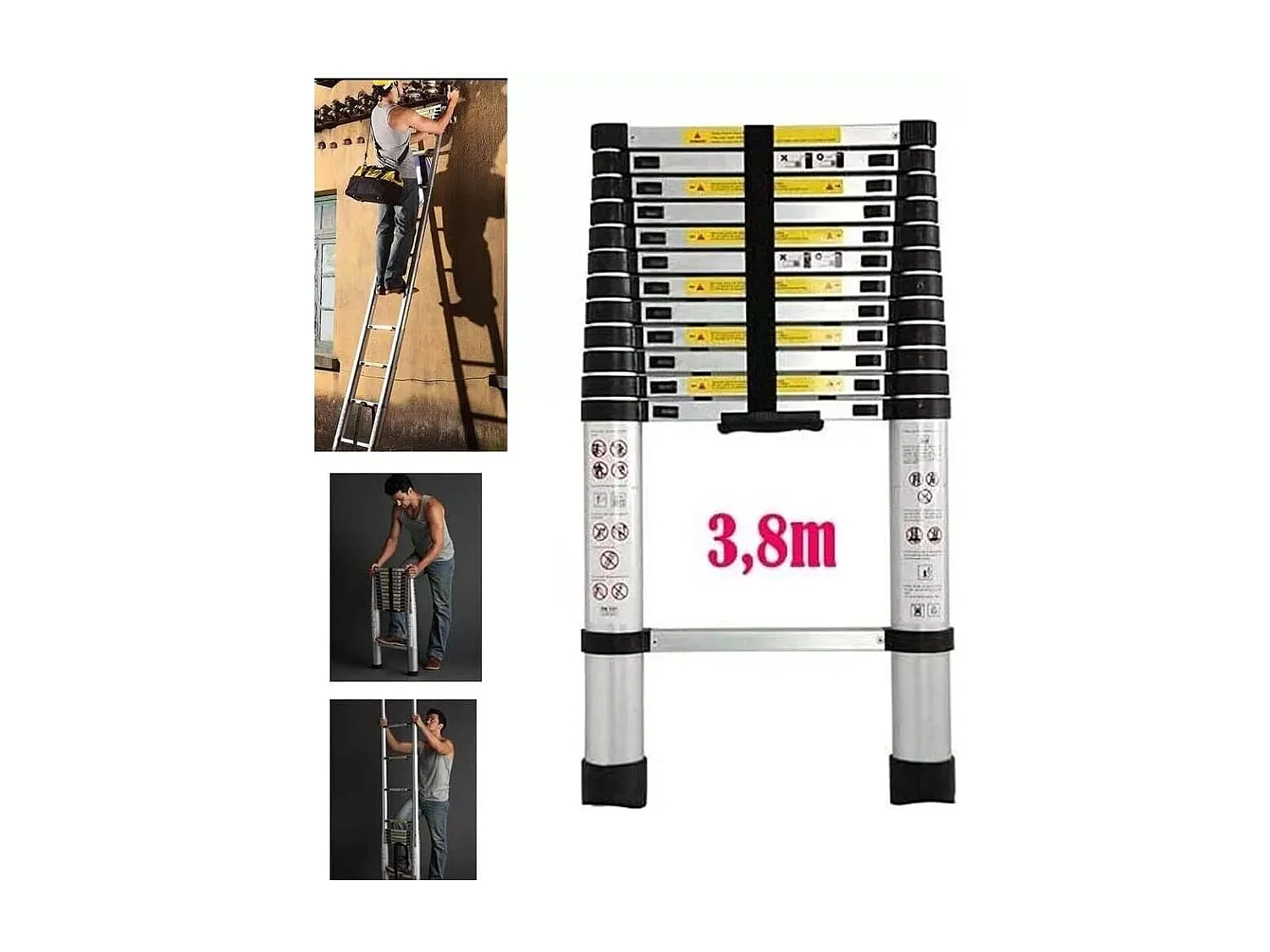 3,8 m Alluminio 3,8 m Ladder telescopico - Ladder Multi -Function Right - 13 bar - con piedi non slittati - Max 150 kg carico