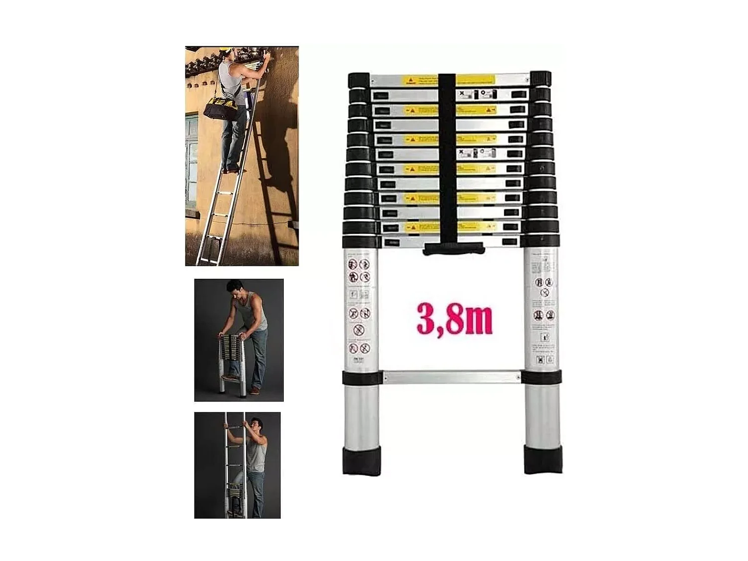 3,8 m Alluminio 3,8 m Ladder telescopico - Ladder Multi -Function Right - 13 bar - con piedi non slittati - Max 150 kg carico