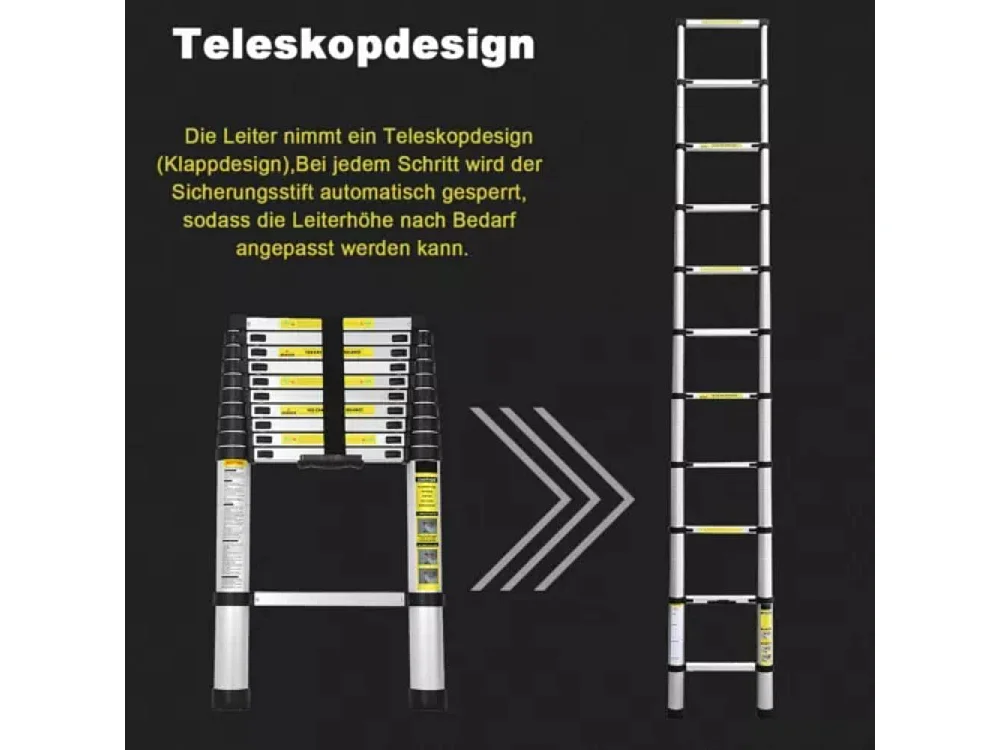 3,2 M Alluminio 3,2 M Scala telescopica - Scala compatta - 11 bar - con piedi non slip - max 150 kg di carico