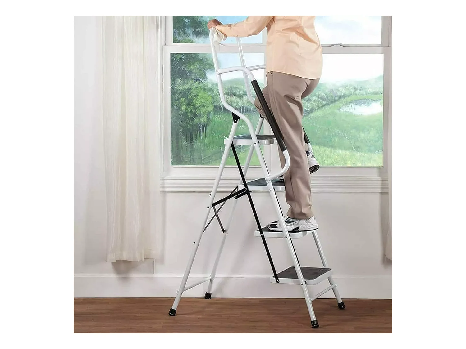 Échelle pliante 4 marches, avec main courante et tapis antidérapant, bande de roulement pliable, Charge de 150kg, Hauteur 154cm