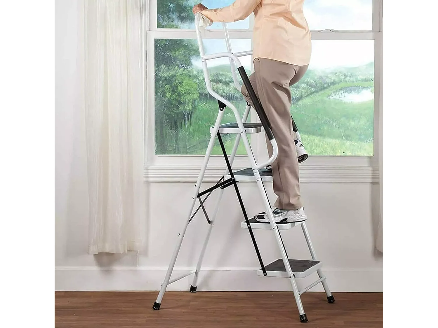 Faltleiter 4 Schritte mit Handlauf und Nicht -Slip -Teppich, faltbarer Profil, Last von 150 kg, Höhe 154 cm