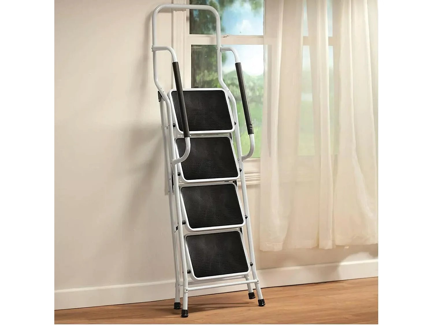 Faltleiter 4 Schritte mit Handlauf und Nicht -Slip -Teppich, faltbarer Profil, Last von 150 kg, Höhe 154 cm