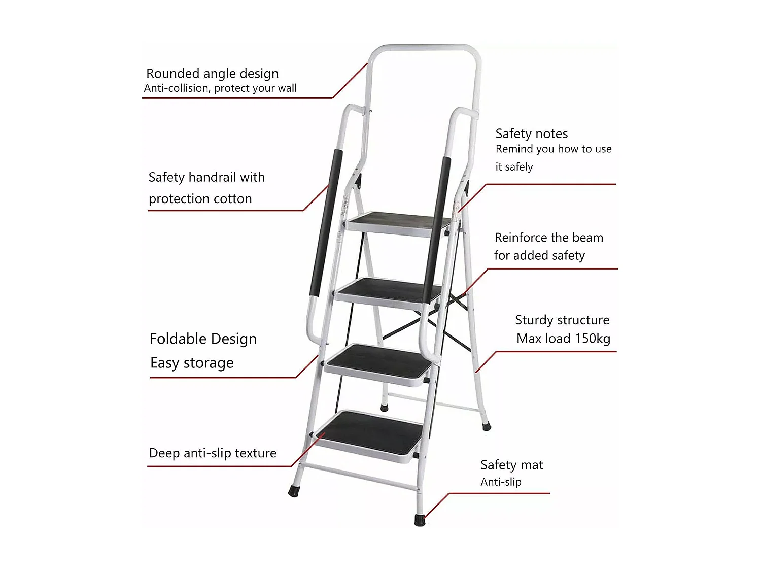 Faltleiter 4 Schritte mit Handlauf und Nicht -Slip -Teppich, faltbarer Profil, Last von 150 kg, Höhe 154 cm