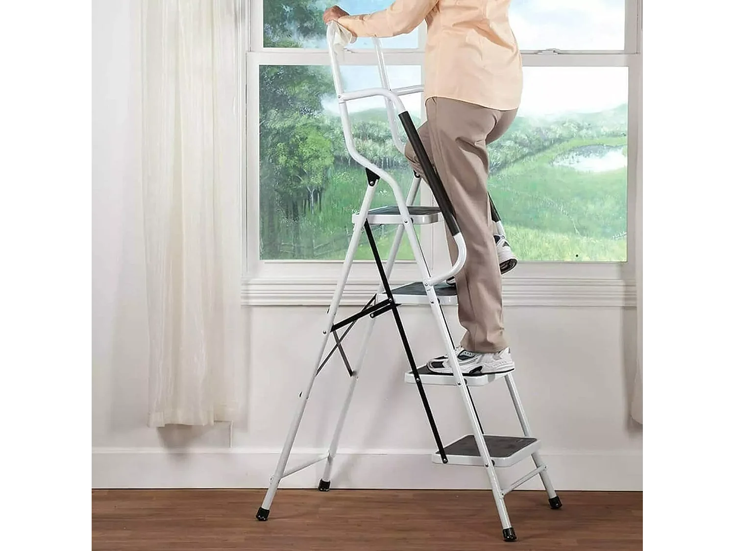 Scala pieghevole 4 gradini, con corrimano e moquette non slip, battistrada pieghevole, carico di 150 kg, altezza 154 cm