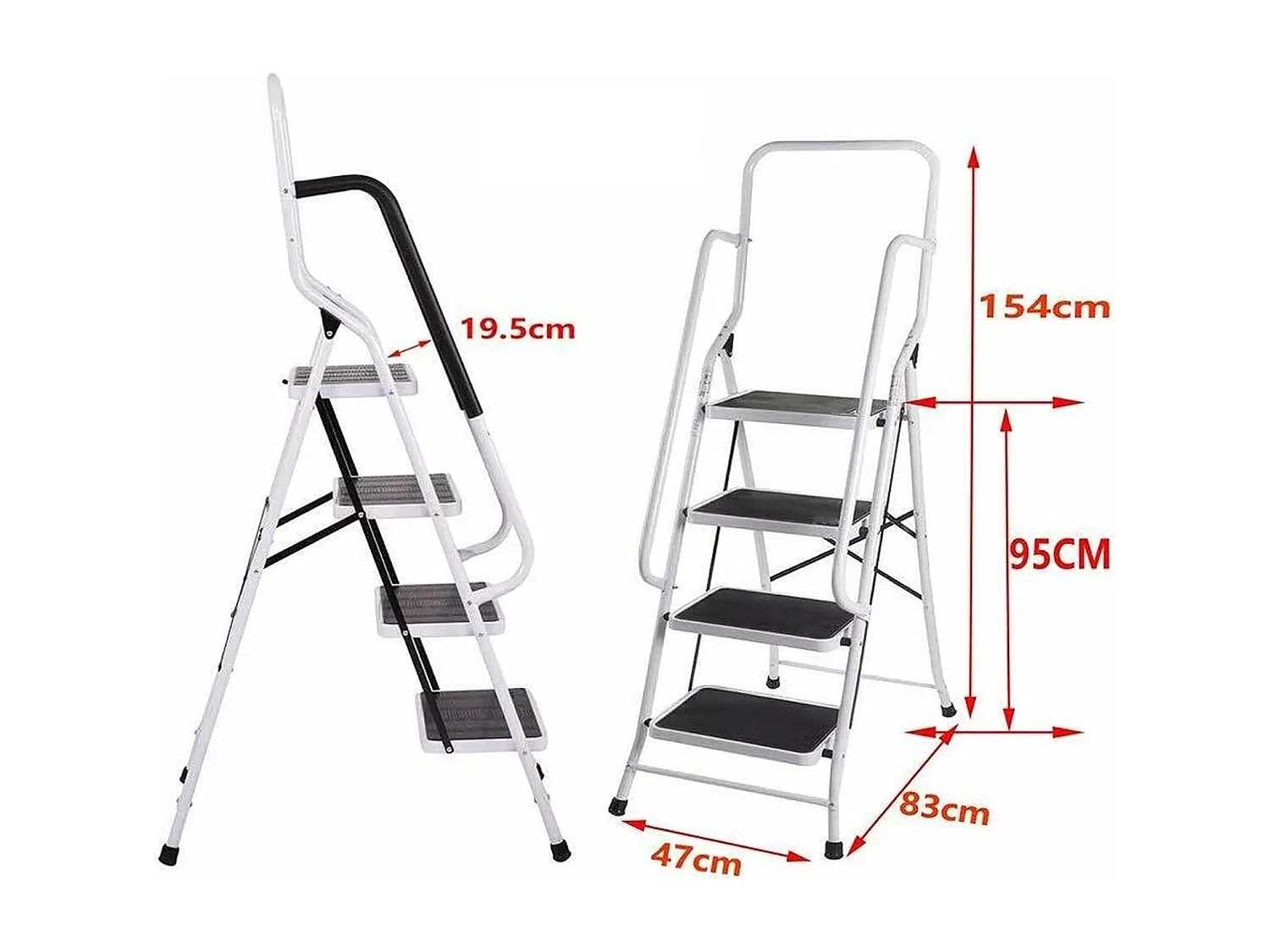 Scala pieghevole 4 gradini, con corrimano e moquette non slip, battistrada pieghevole, carico di 150 kg, altezza 154 cm