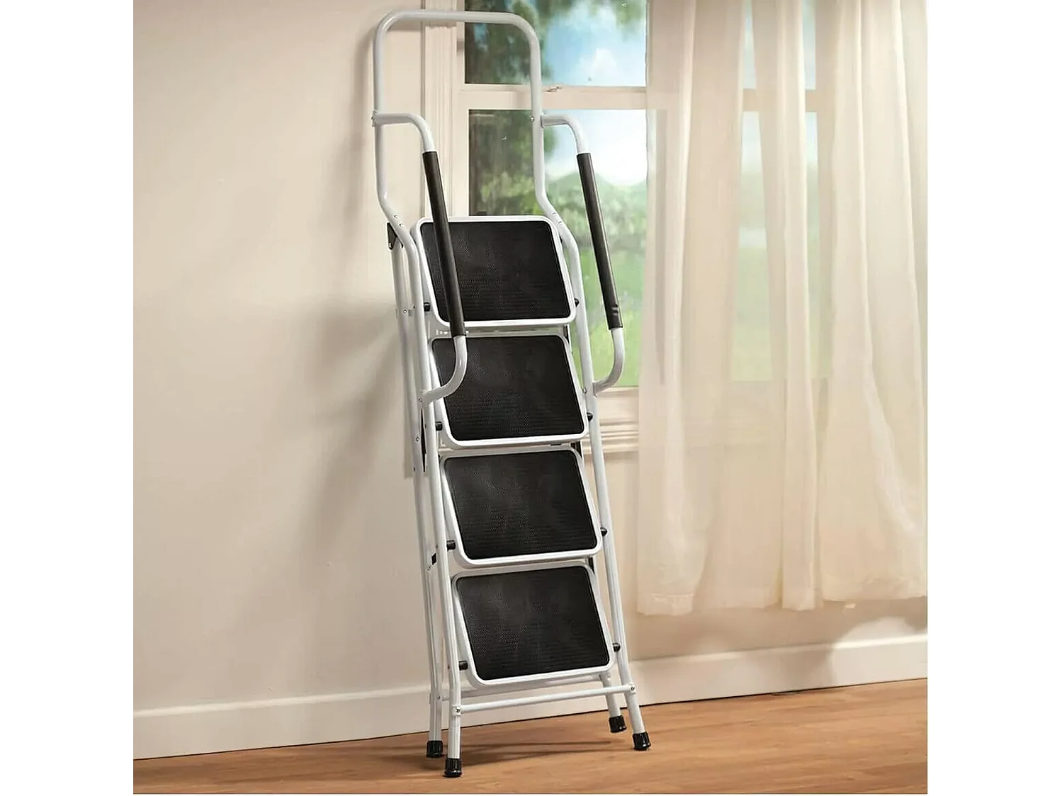 Scala pieghevole 4 gradini, con corrimano e moquette non slip, battistrada pieghevole, carico di 150 kg, altezza 154 cm