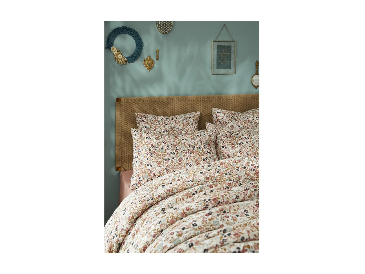 Parure de lit 260 x 240 cm gaze de coton écru et fleuri - ISABELA 2