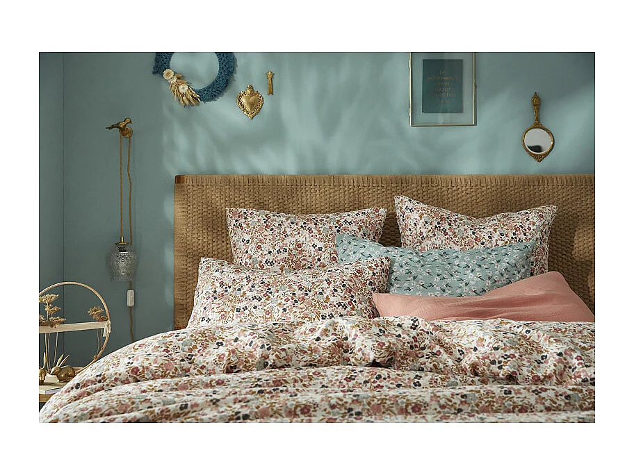 Parure de lit 260 x 240 cm gaze de coton écru et fleuri - ISABELA 2