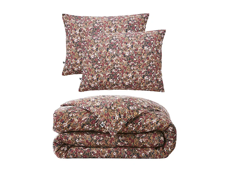 Parure de lit 260 x 240 cm gaze de coton camel et fleuri - ISABELA 1