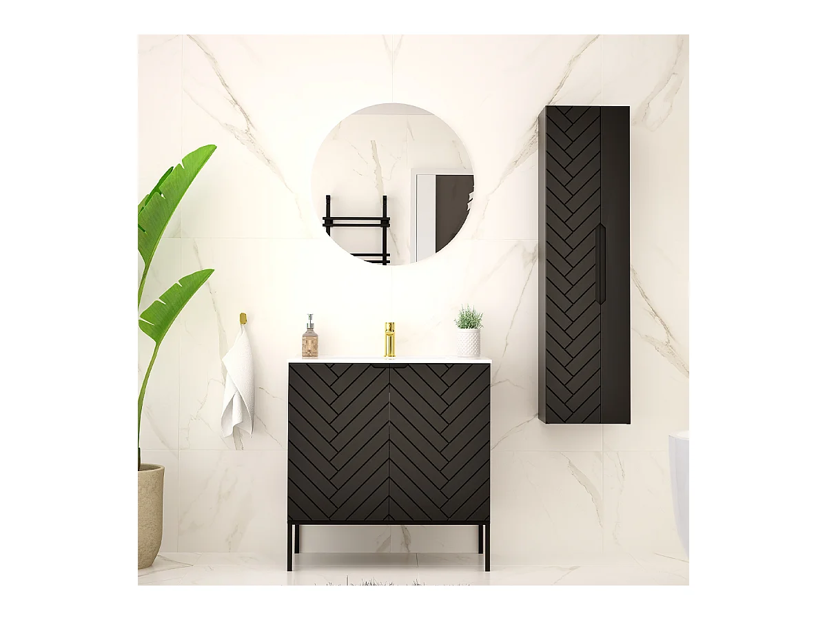 Ensemble meuble simple vasque encastrée 80cm 2 portes sur pieds et colonne Daria Noir