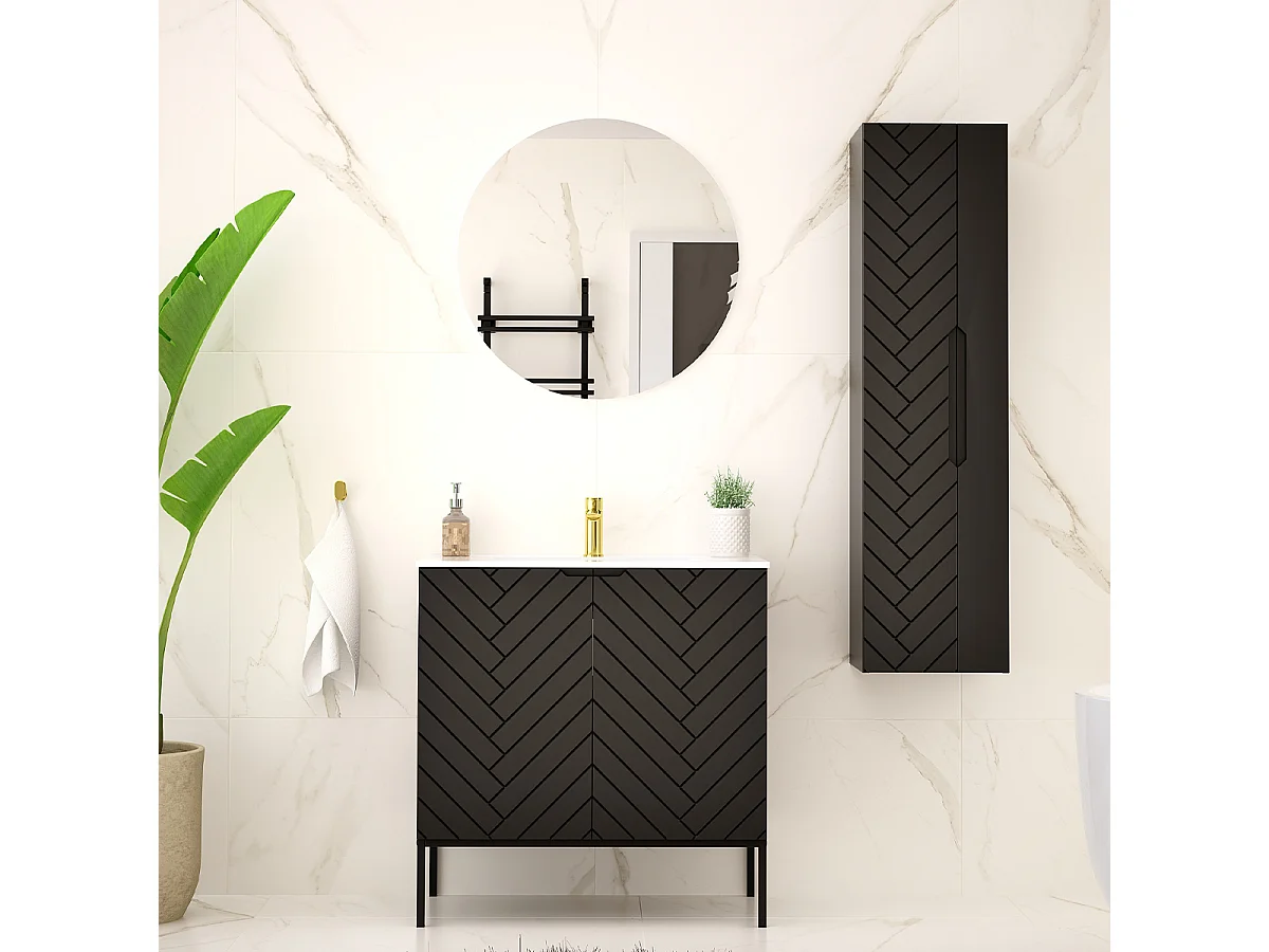 Ensemble meuble simple vasque encastrée 80cm 2 portes sur pieds et colonne Daria Noir