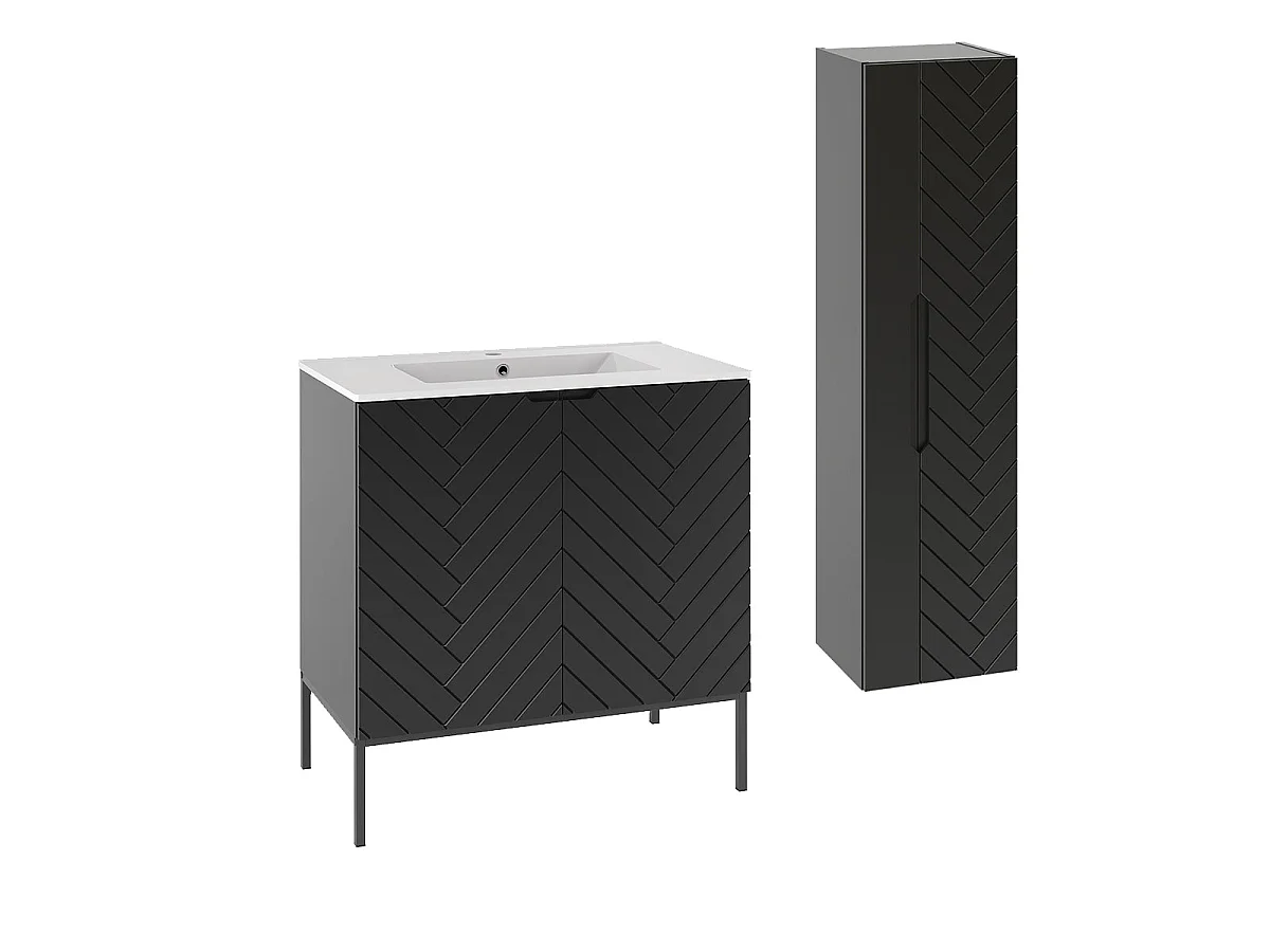 Ensemble meuble simple vasque encastrée 80cm 2 portes sur pieds et colonne Daria Noir