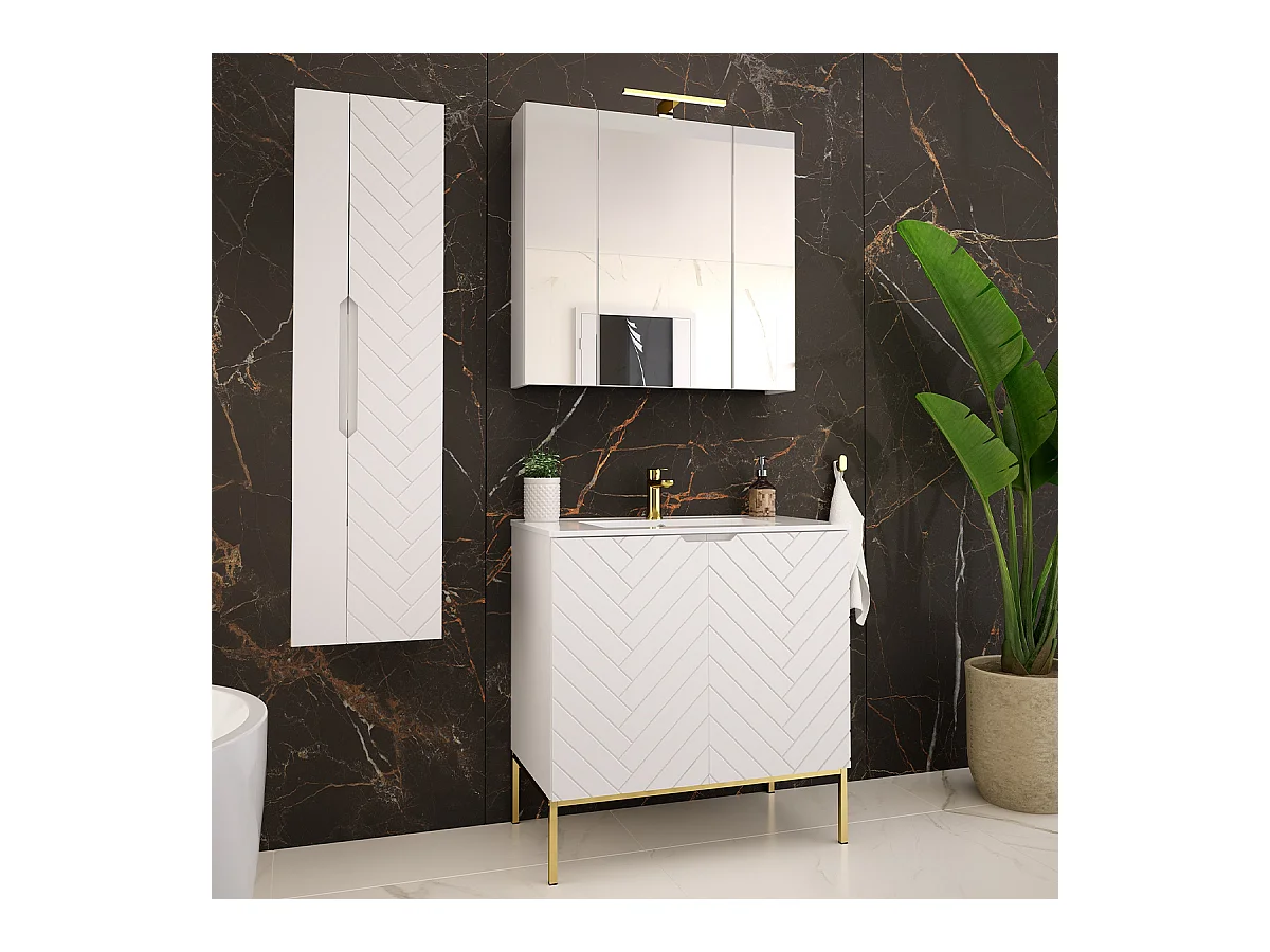 Ensemble meuble simple vasque encastrée 80cm 2 portes sur pieds et colonne Daria Blanc