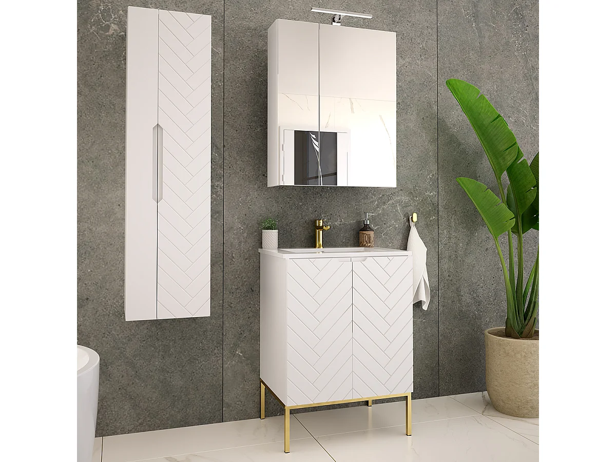 Ensemble meuble simple vasque encastrée 60cm 2 portes sur pieds et colonne Daria Blanc