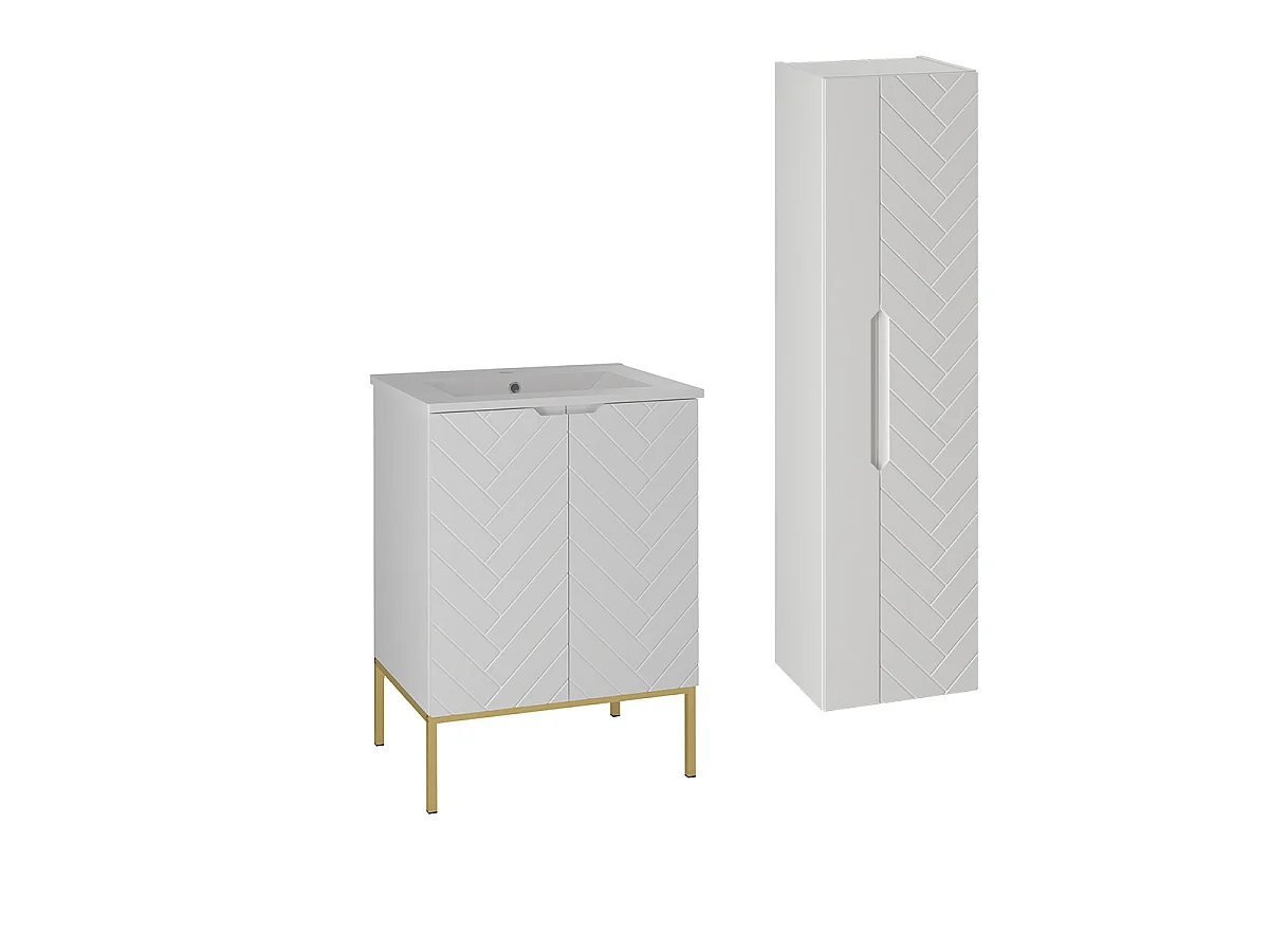 Ensemble meuble simple vasque encastrée 60cm 2 portes sur pieds et colonne Daria Blanc