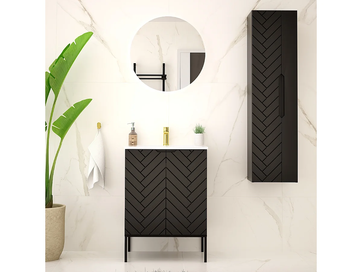 Ensemble meuble simple vasque encastrée 60cm 2 portes op voeten en colonne Daria Zwart