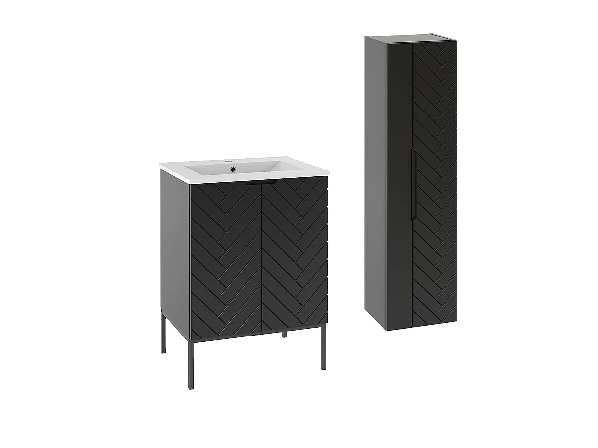 Ensemble meuble simple vasque encastrée 60cm 2 portes sur pieds et colonne Daria Noir