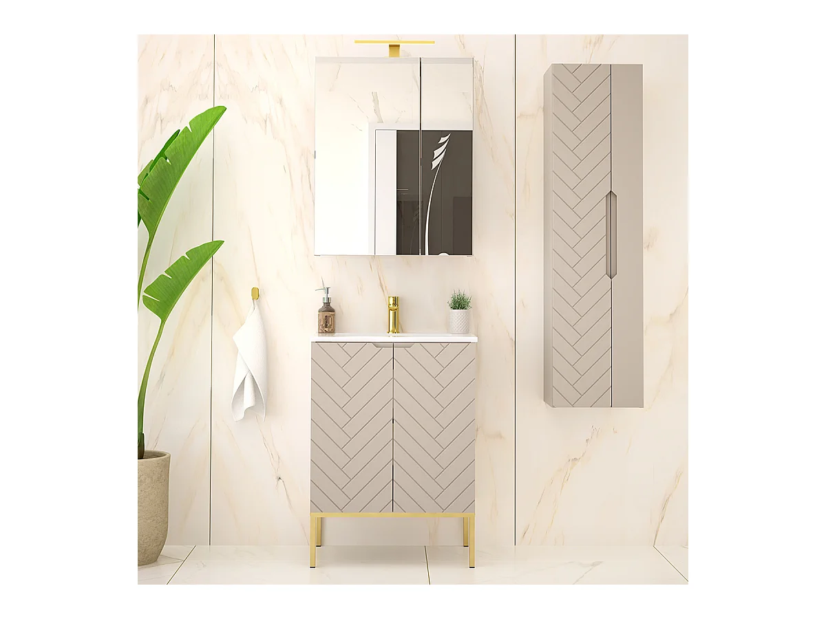 Ensemble meuble simple vasque encastrée 60cm 2 portes sur pieds et colonne Daria Cachemire