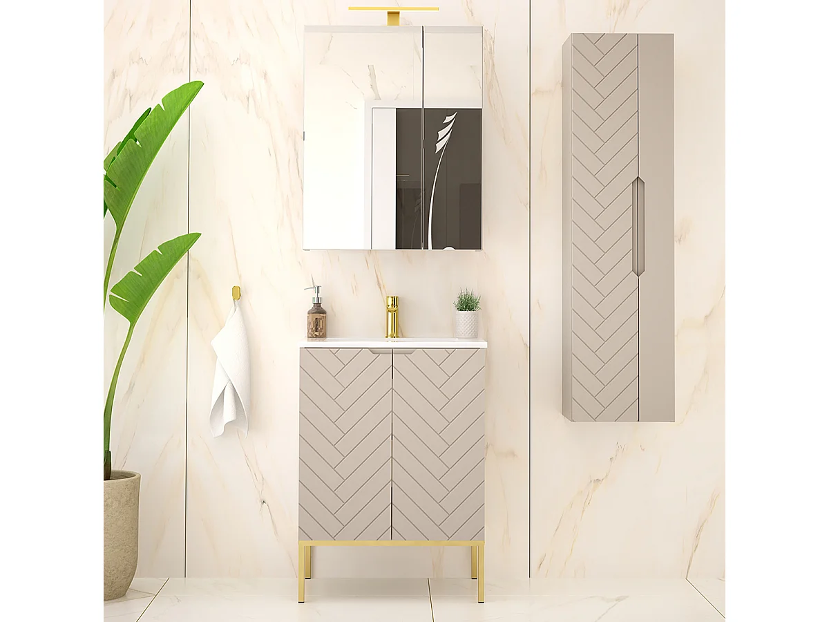 Ensemble meuble simple vasque encastrée 60cm 2 portes sur pieds et colonne Daria Cachemire