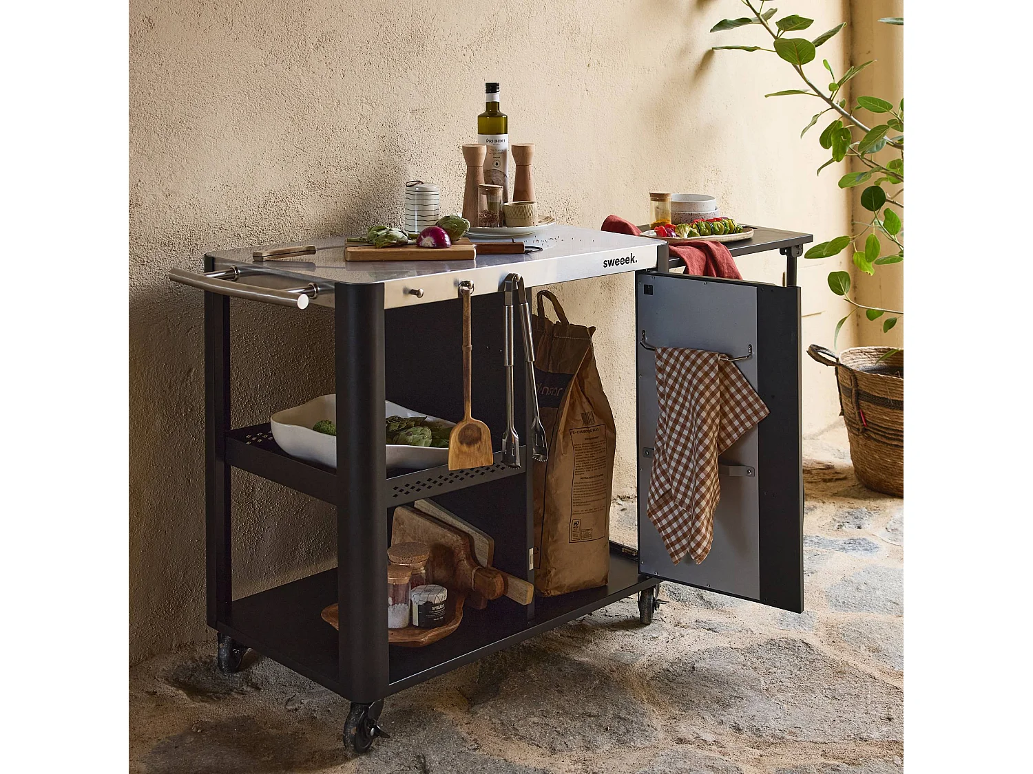 Mesa exterior de acero inoxidable de 94,5 cm con estante plegable