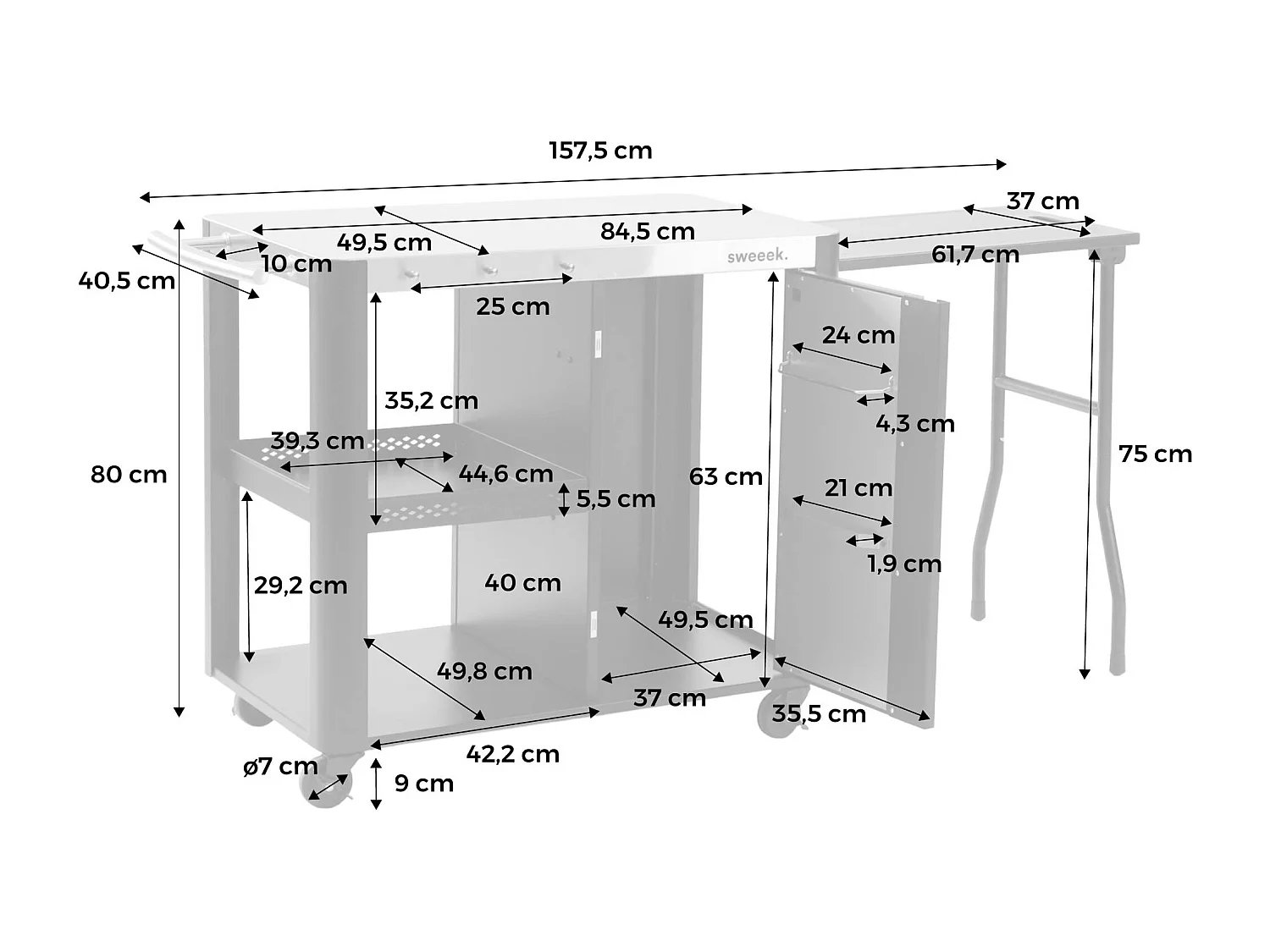 Mesa exterior de acero inoxidable de 94,5 cm con estante plegable