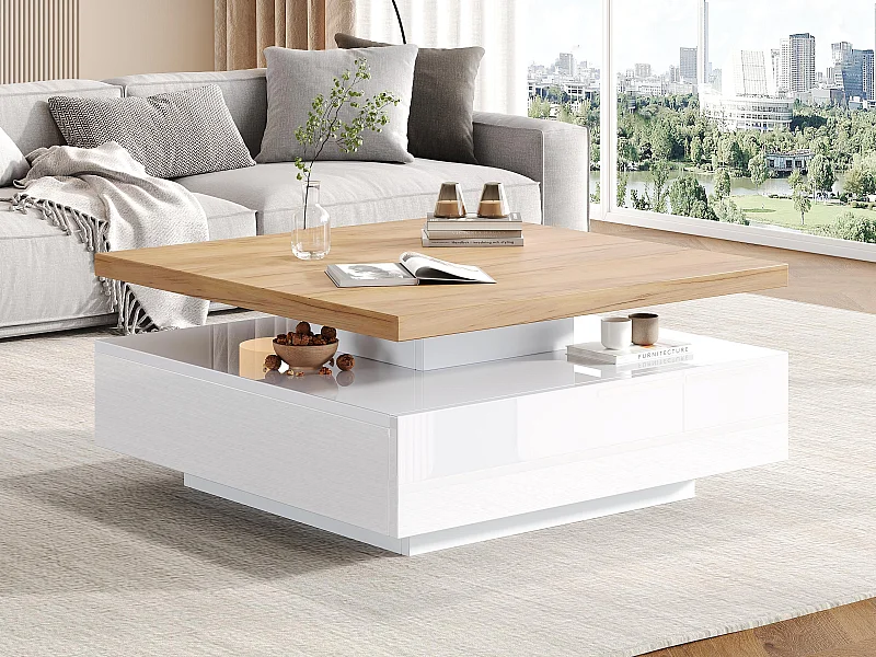 Stół kawowy kwadratowy obrotowy 360° - 70x70x36 cm - z 1 szufladą - Biały i Naturalny