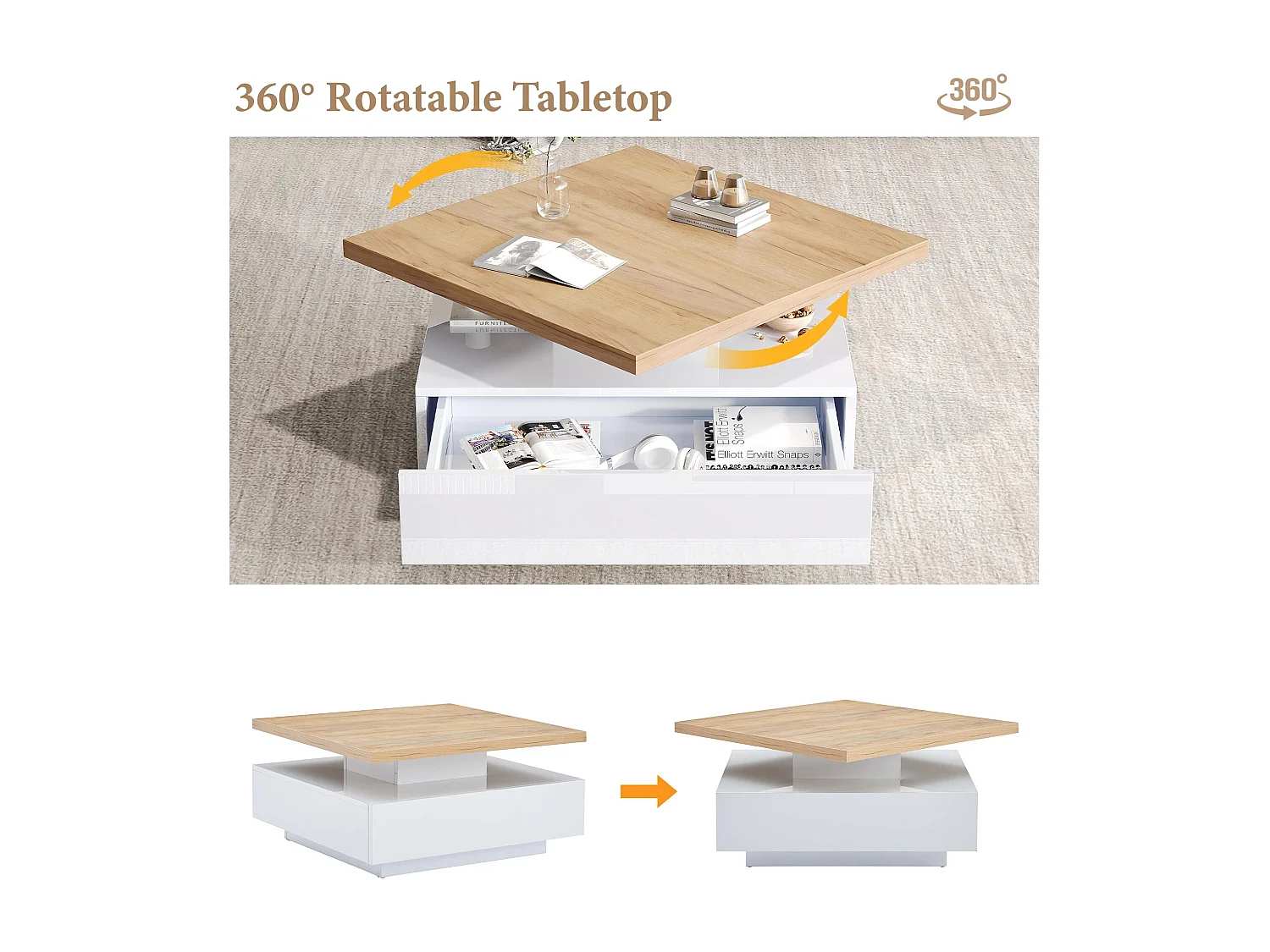 360° Draaibare Vierkante Salontafel - 70x70x36 cm - met 1 lade - Wit & Naturel