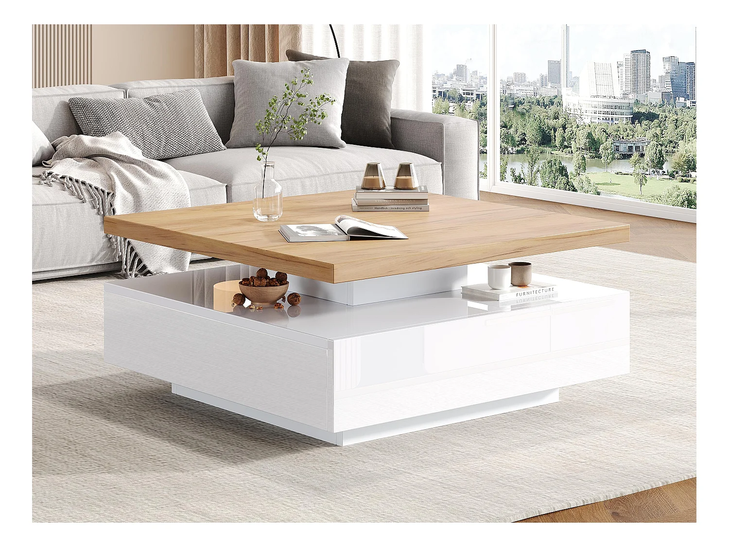 Table basse carrée rotative à 360° - 70x70x36 cm - avec 1 tiroir - Blanc & Naturel