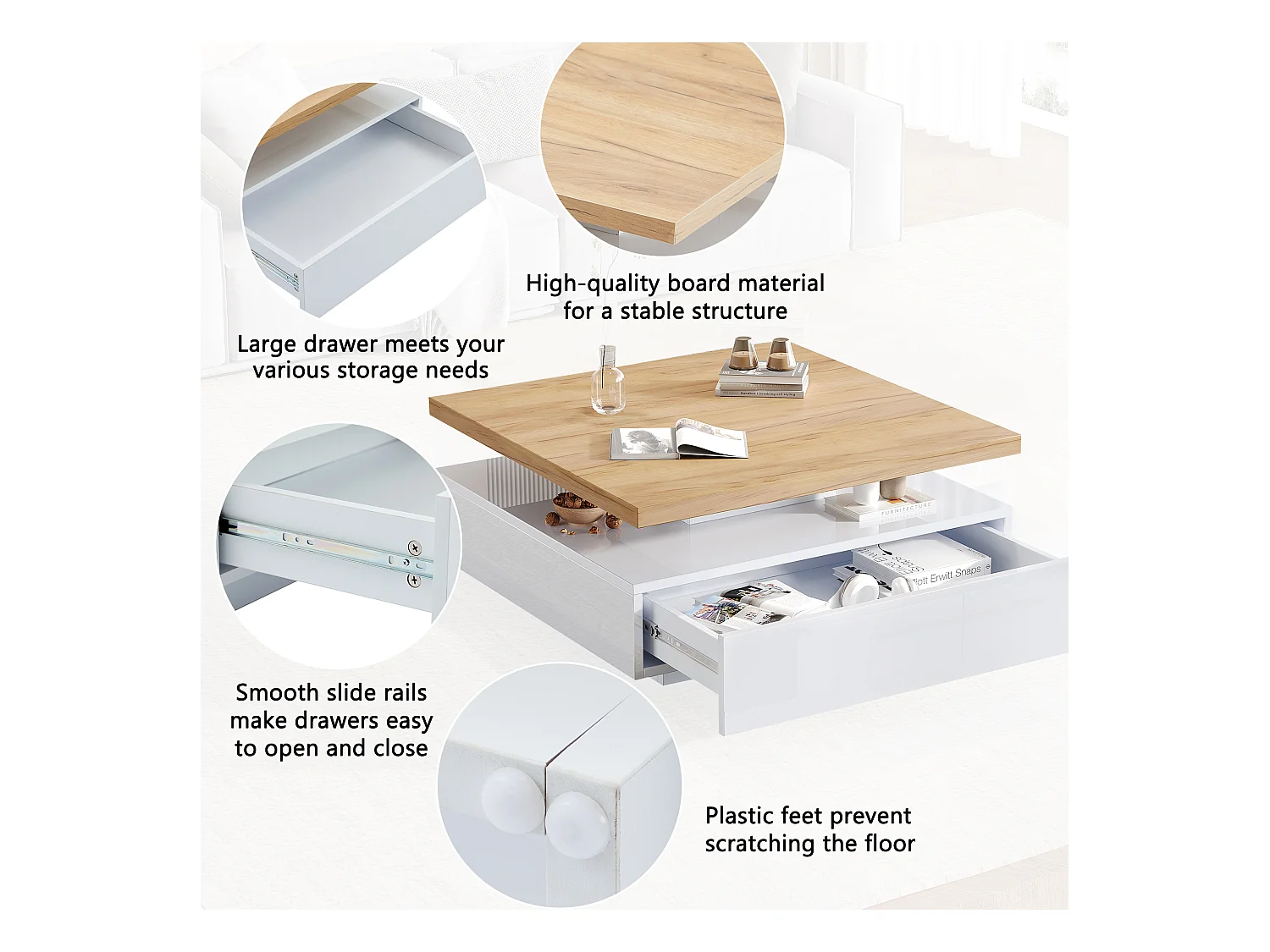 Stół kawowy kwadratowy obrotowy 360° - 70x70x36 cm - z 1 szufladą - Biały i Naturalny