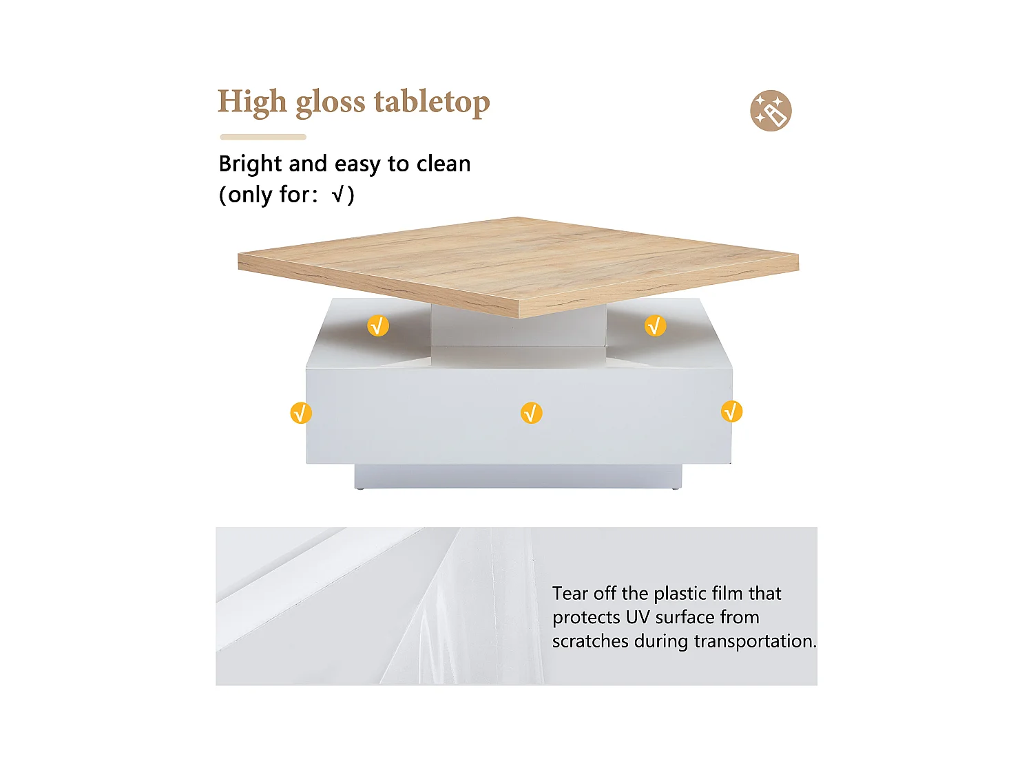 Stół kawowy kwadratowy obrotowy 360° - 70x70x36 cm - z 1 szufladą - Biały i Naturalny