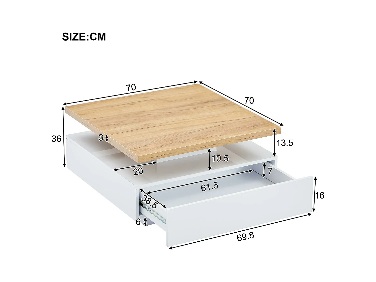 Stół kawowy kwadratowy obrotowy 360° - 70x70x36 cm - z 1 szufladą - Biały i Naturalny