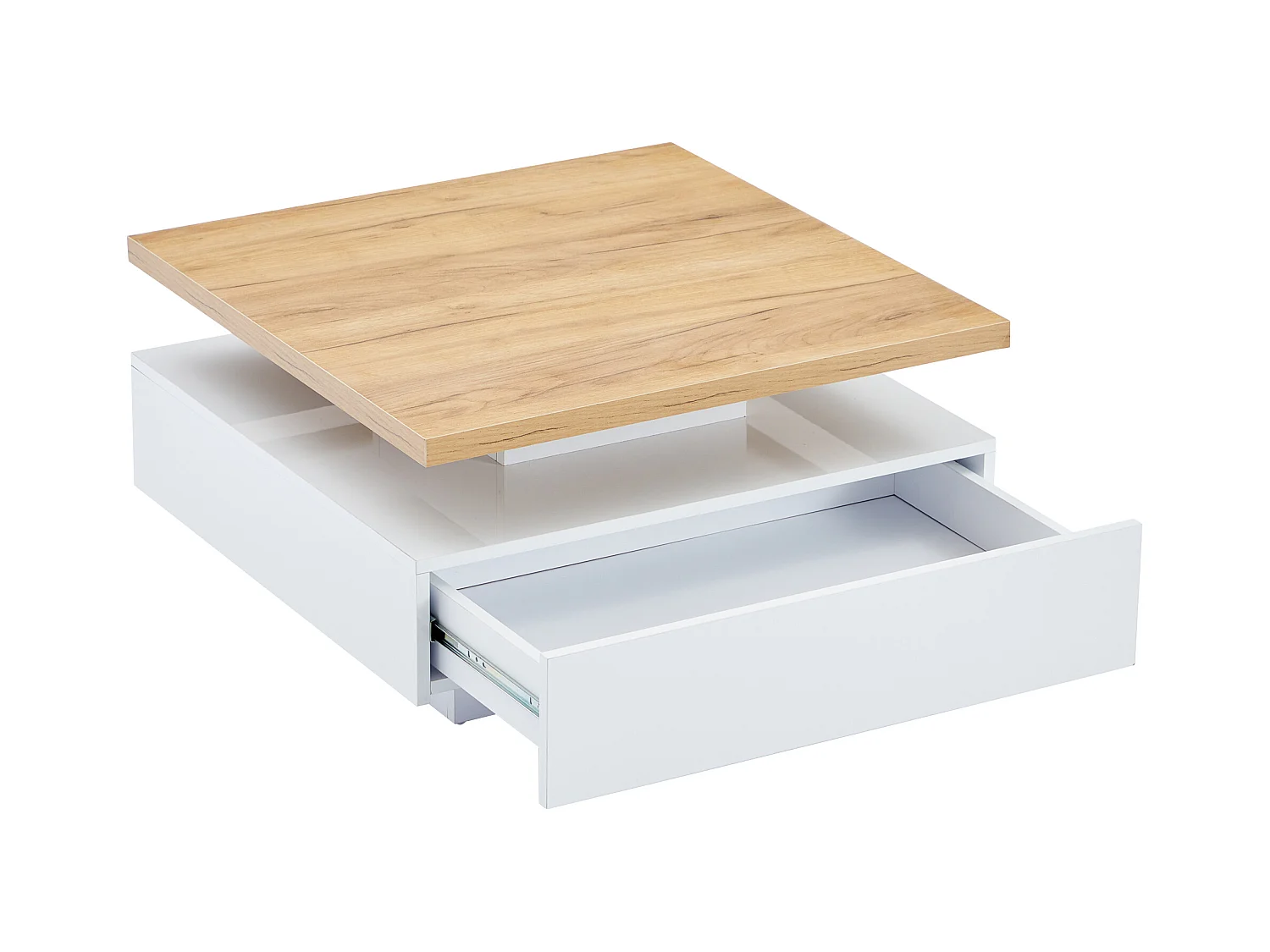 Stół kawowy kwadratowy obrotowy 360° - 70x70x36 cm - z 1 szufladą - Biały i Naturalny