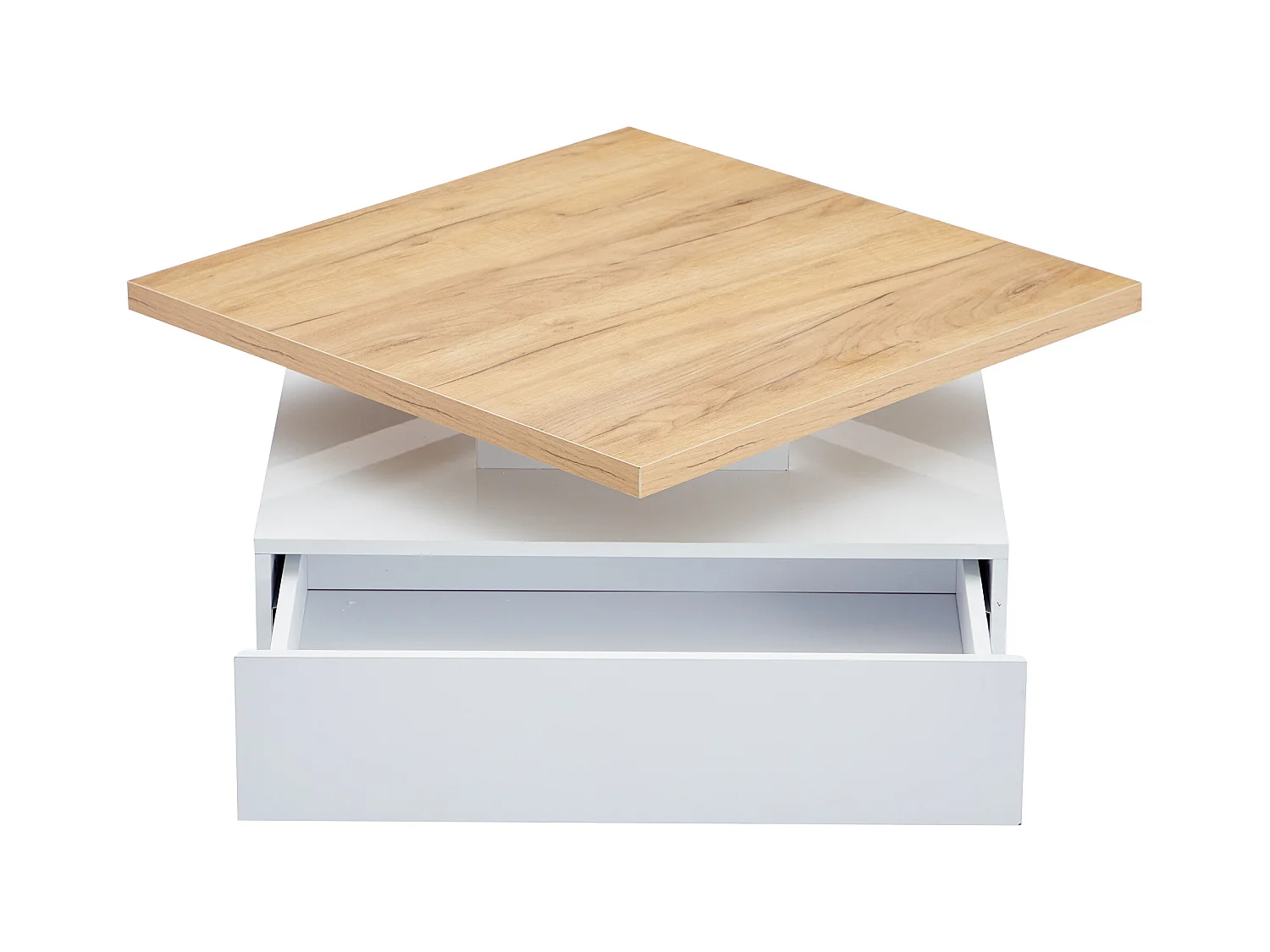 Stół kawowy kwadratowy obrotowy 360° - 70x70x36 cm - z 1 szufladą - Biały i Naturalny