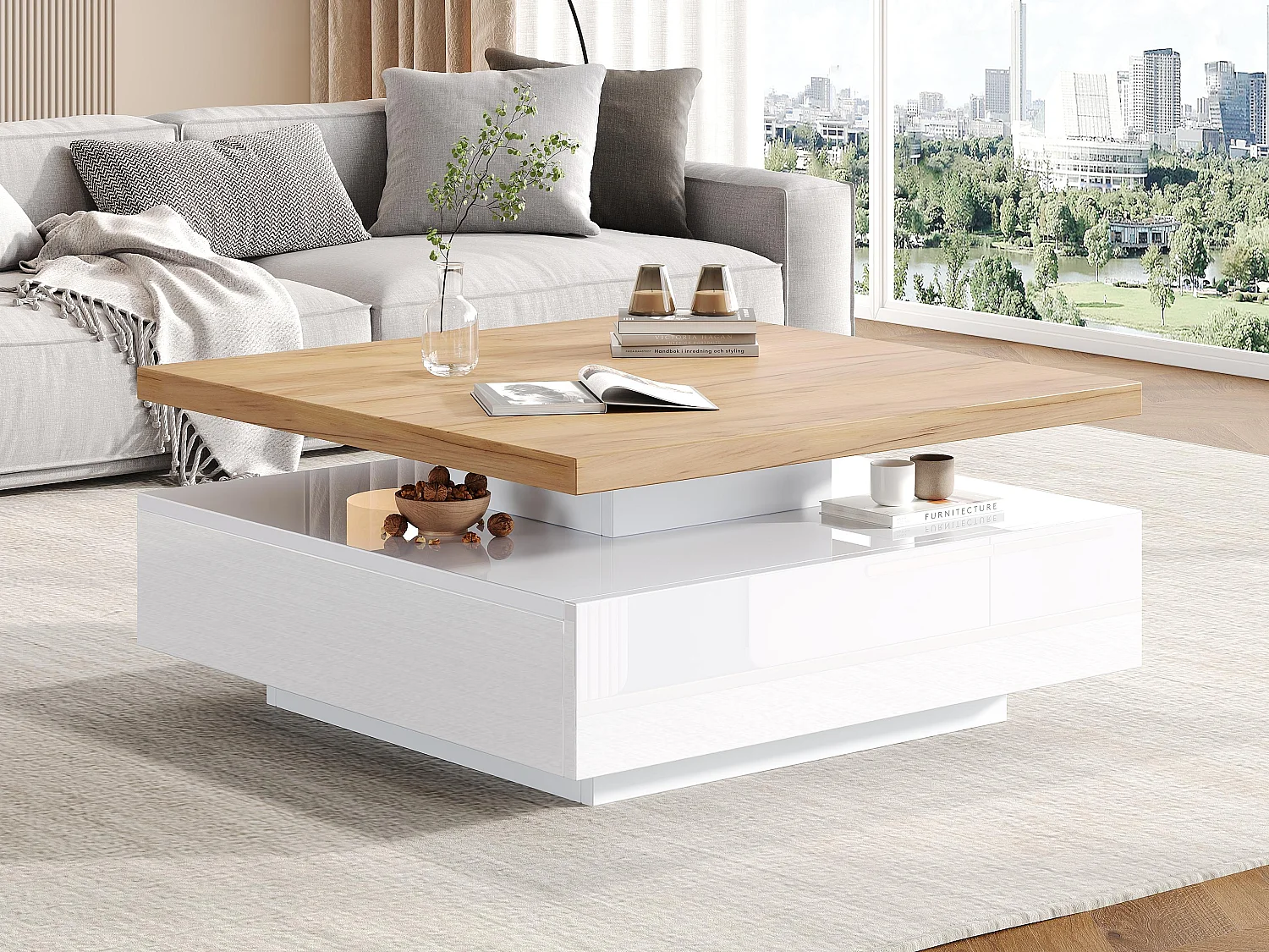 360° drehbarer quadratischer Couchtisch – 70 x 70 x 36 cm – mit 1 Schublade – Weiß und Natur