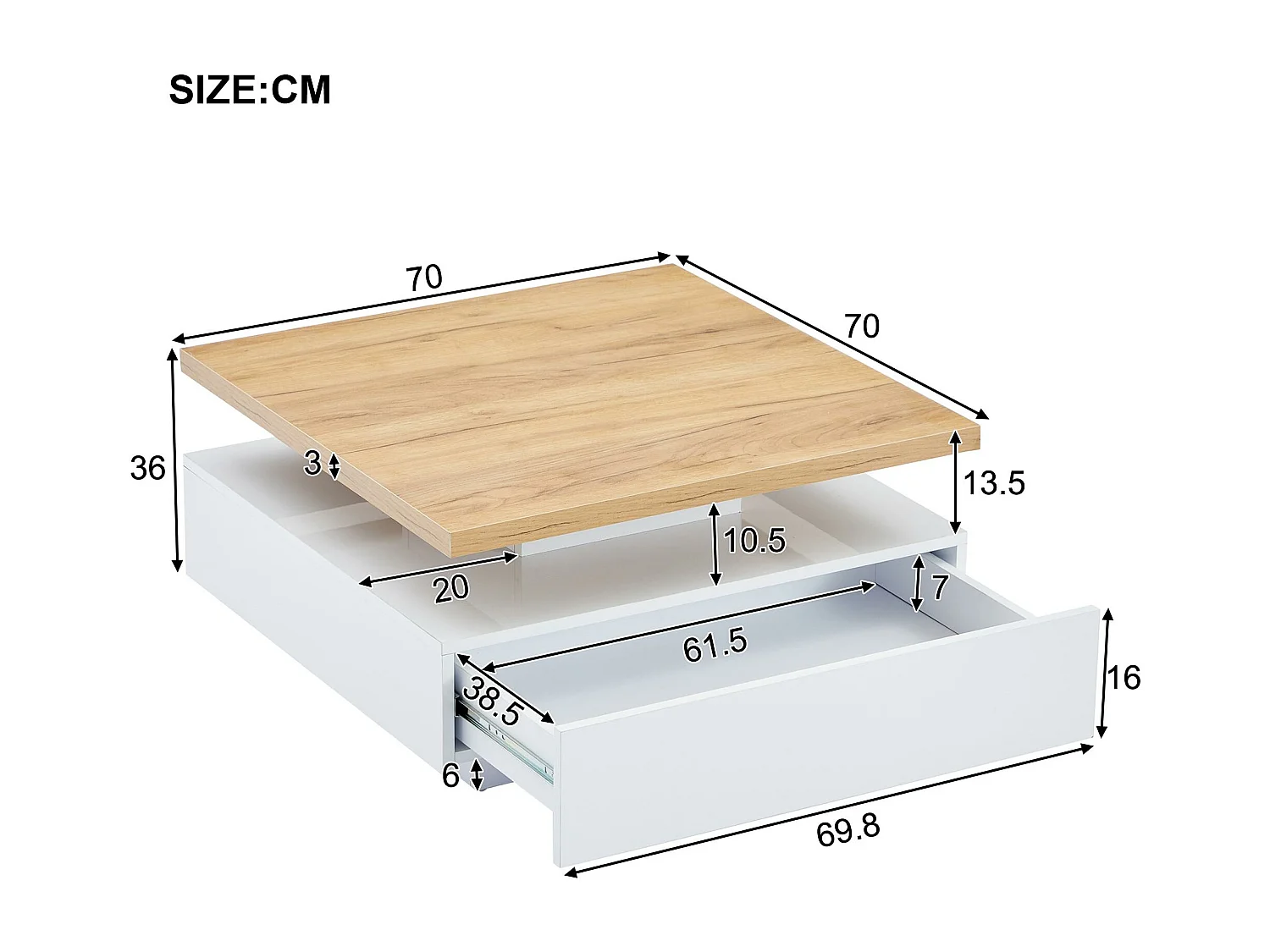 360° drehbarer quadratischer Couchtisch – 70 x 70 x 36 cm – mit 1 Schublade – Weiß und Natur