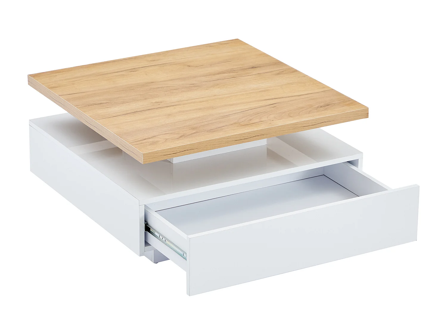 360° drehbarer quadratischer Couchtisch – 70 x 70 x 36 cm – mit 1 Schublade – Weiß und Natur