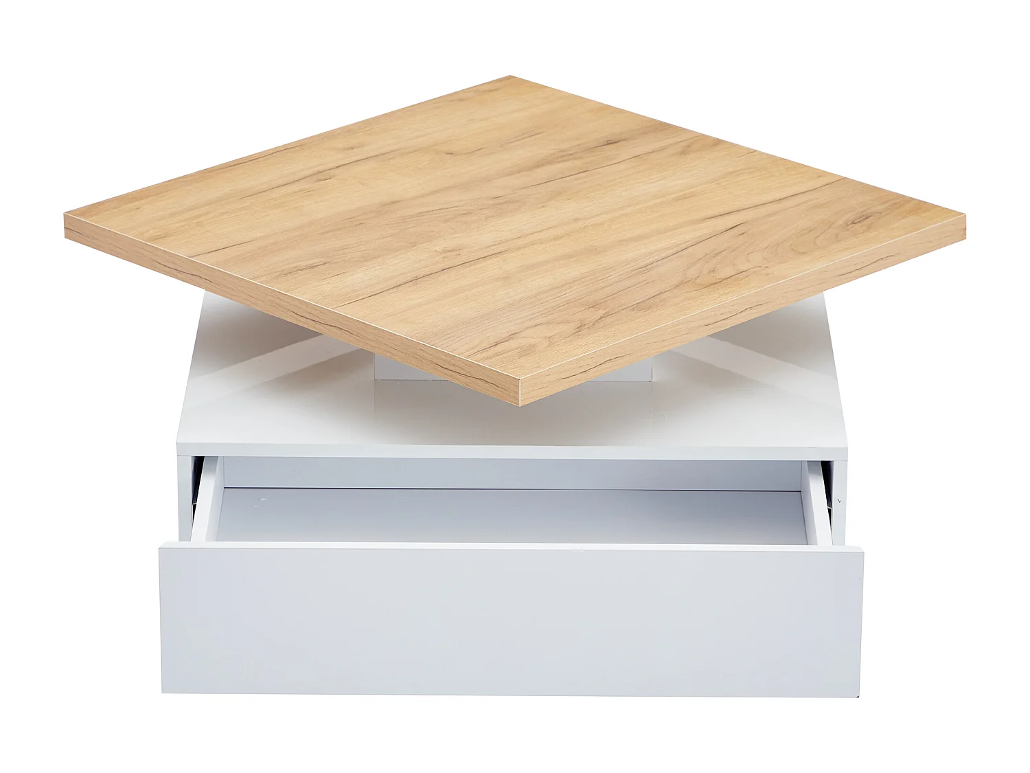 360° drehbarer quadratischer Couchtisch – 70 x 70 x 36 cm – mit 1 Schublade – Weiß und Natur