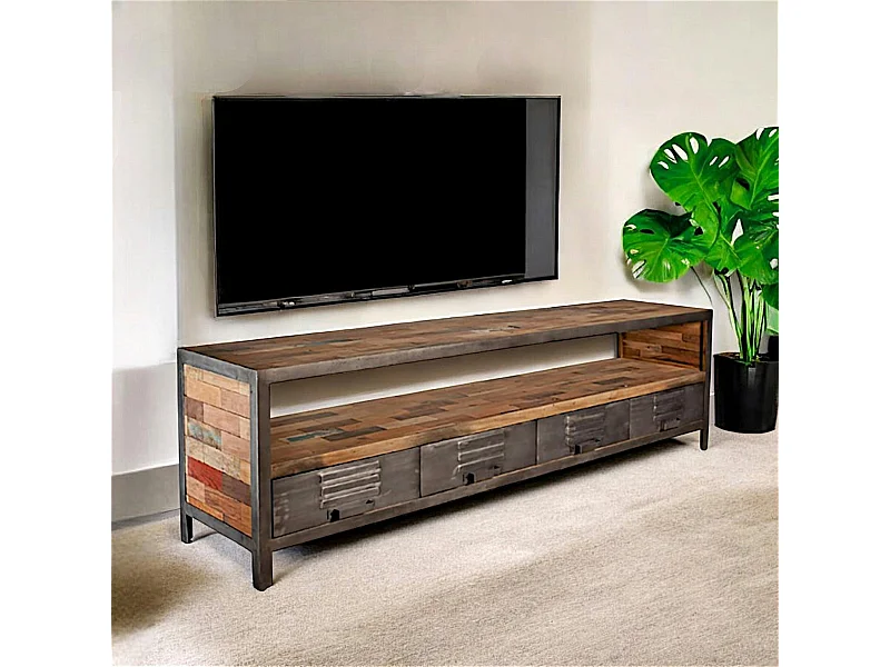 Meuble TV bois recyclé métal 4 tiroirs CARAVELLE