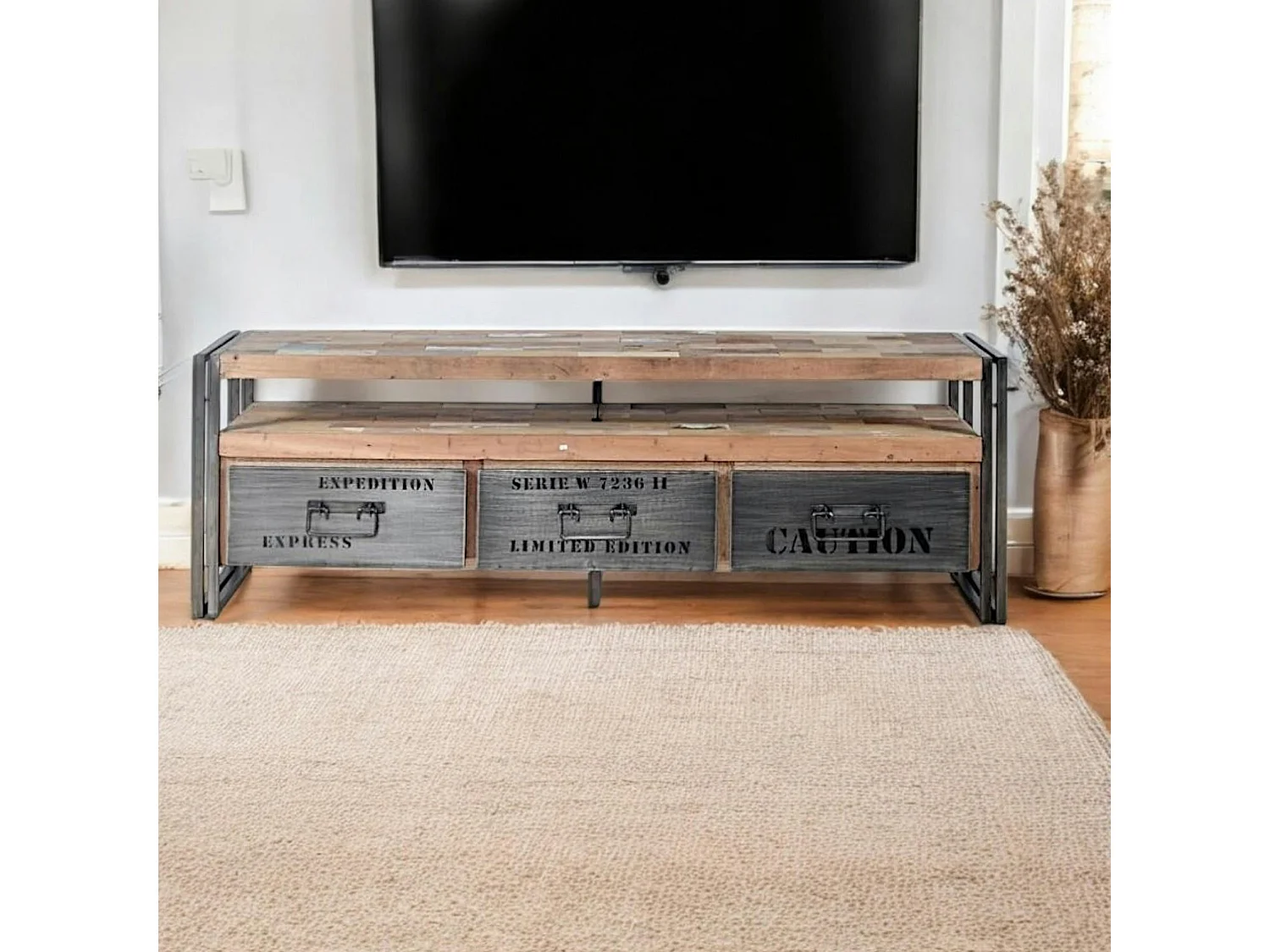 Meuble TV industriel 3 tiroirs CARAVELLE