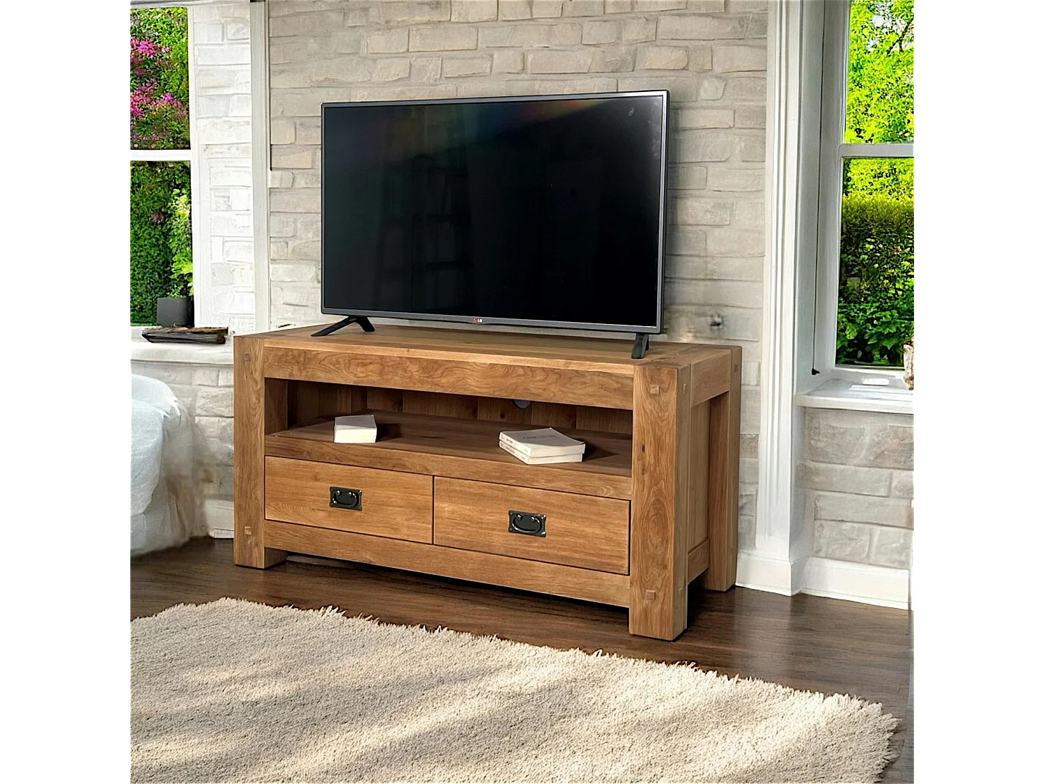 Meuble TV bois de chêne 2 tiroirs FJORD