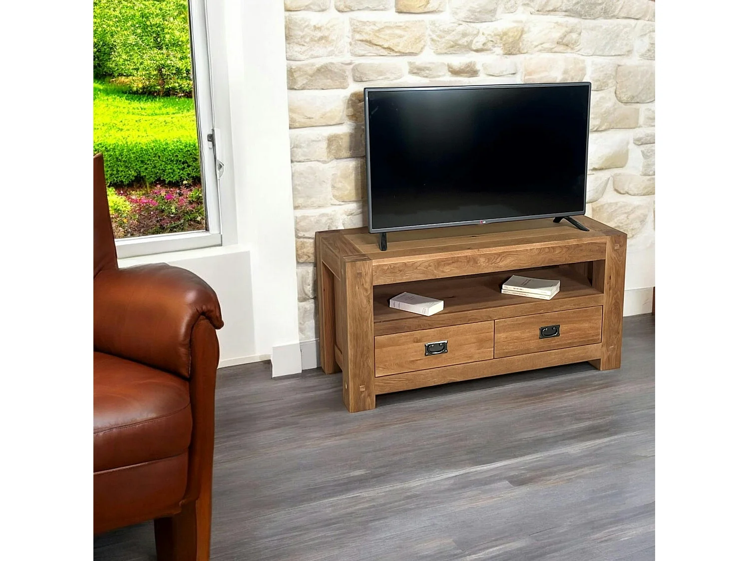 Meuble TV bois de chêne 2 tiroirs FJORD