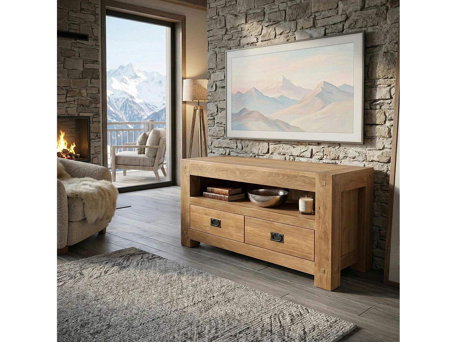 Meuble TV bois de chêne 2 tiroirs FJORD